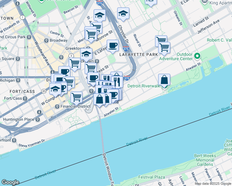map of restaurants, bars, coffee shops, grocery stores, and more near 500 Renaissance Center in Detroit