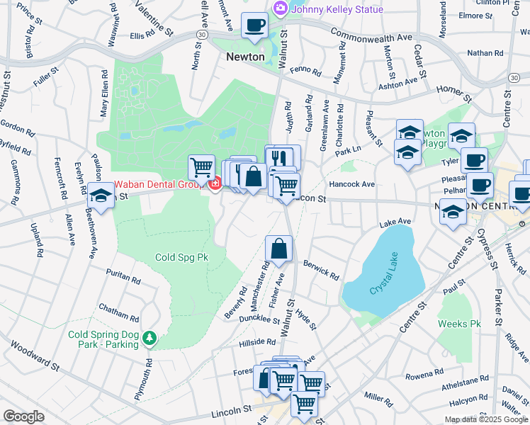 map of restaurants, bars, coffee shops, grocery stores, and more near 19 Carthay Circle in Newton