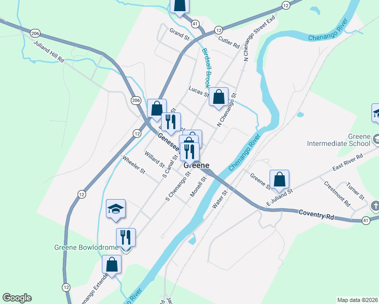 map of restaurants, bars, coffee shops, grocery stores, and more near 58 Genesee Street in Greene