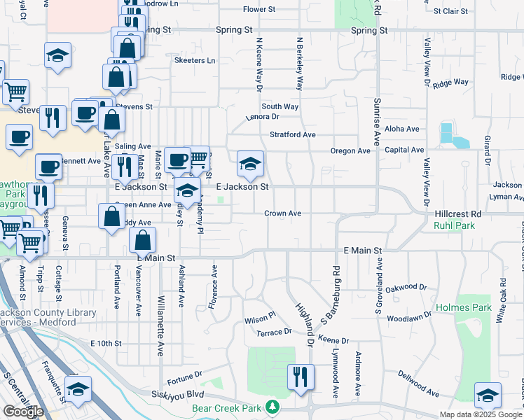 map of restaurants, bars, coffee shops, grocery stores, and more near 1503 Crown Avenue in Medford