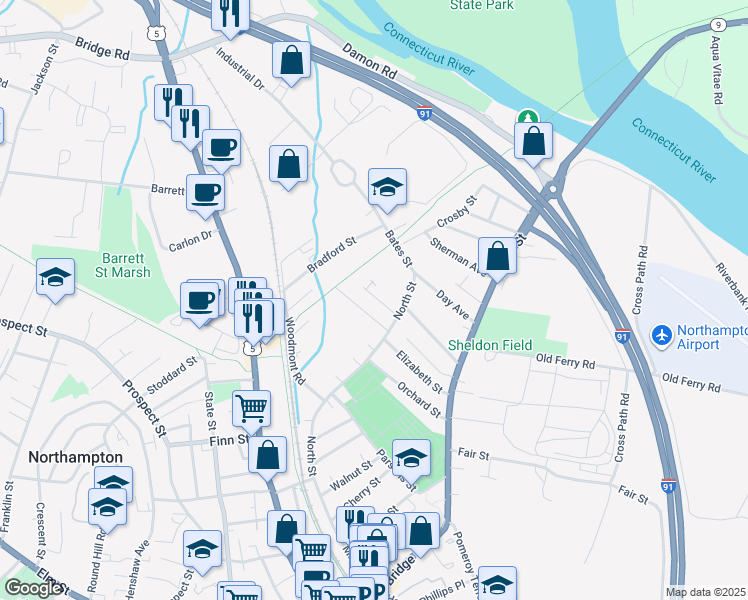 map of restaurants, bars, coffee shops, grocery stores, and more near 30 Woodbine Avenue in Northampton
