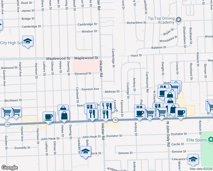 map of restaurants, bars, coffee shops, grocery stores, and more near 6022 Inkster Road in Dearborn Heights