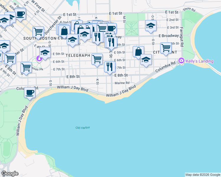 map of restaurants, bars, coffee shops, grocery stores, and more near 249 L Street in Boston