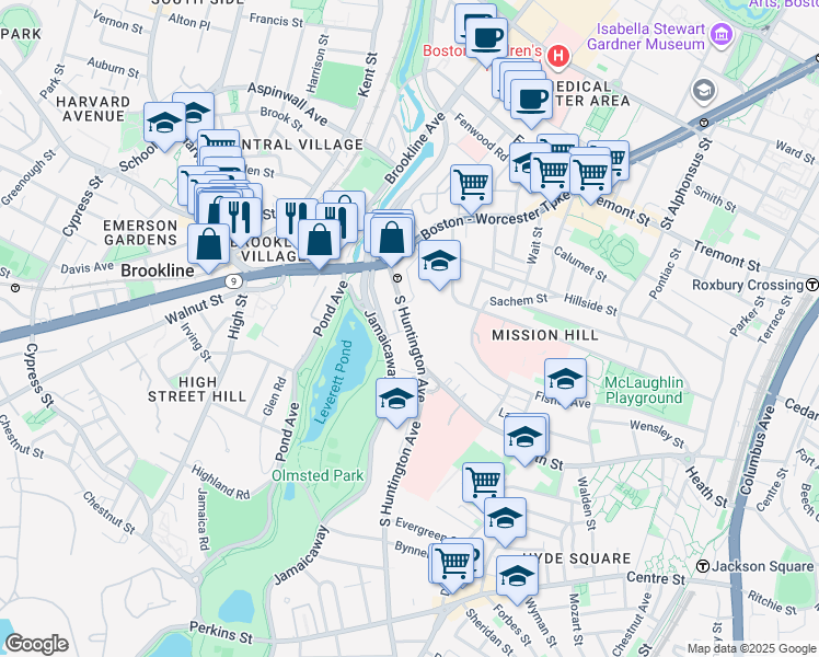 map of restaurants, bars, coffee shops, grocery stores, and more near 70 Jamaicaway in Boston