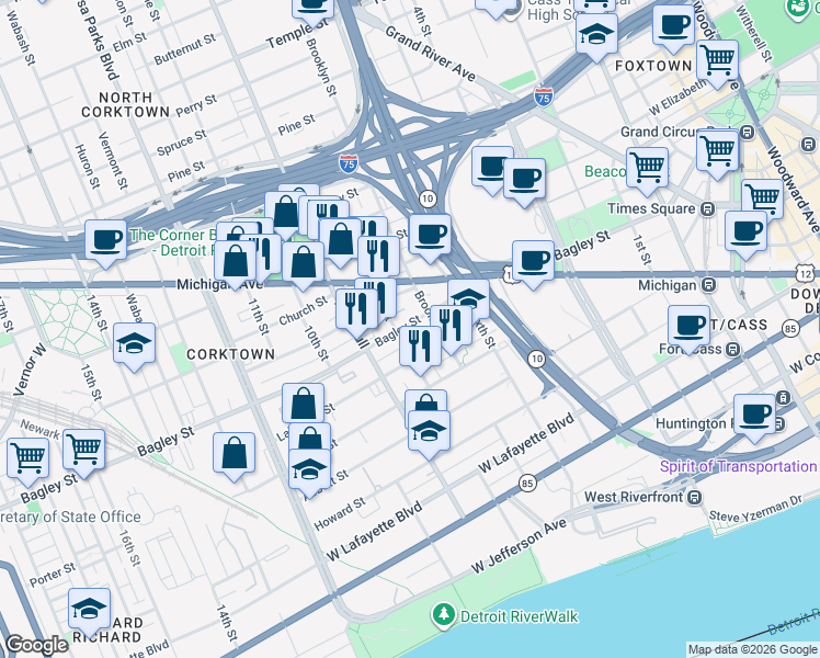 map of restaurants, bars, coffee shops, grocery stores, and more near 1365 Bagley Street in Detroit