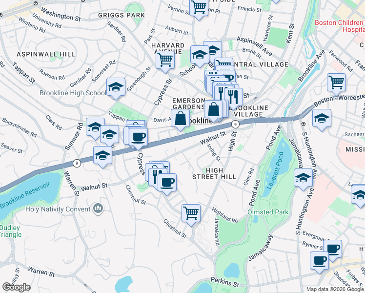 map of restaurants, bars, coffee shops, grocery stores, and more near 205 Walnut Street in Brookline
