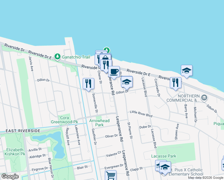 map of restaurants, bars, coffee shops, grocery stores, and more near Lesperance Road in Windsor