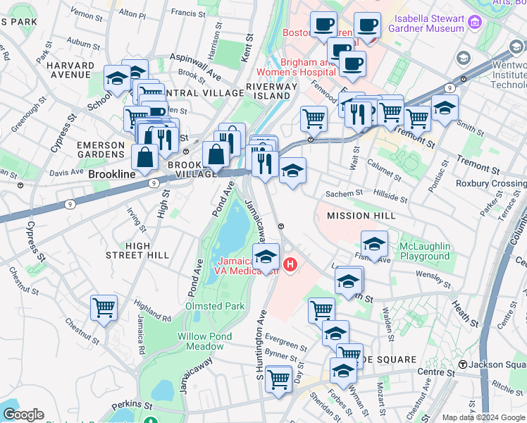 map of restaurants, bars, coffee shops, grocery stores, and more near 70 Jamaicaway in Boston