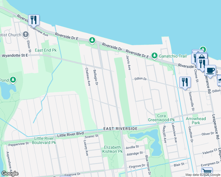 map of restaurants, bars, coffee shops, grocery stores, and more near 959 Banwell Road in Windsor