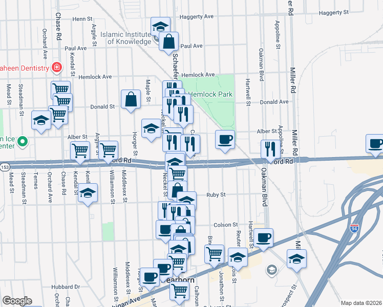 map of restaurants, bars, coffee shops, grocery stores, and more near 5631c Calhoun Street in Dearborn