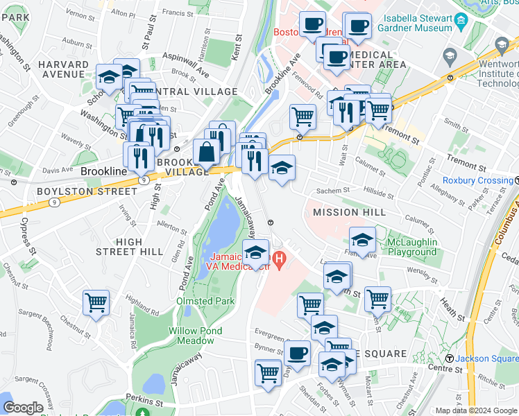 map of restaurants, bars, coffee shops, grocery stores, and more near 75 South Huntington Avenue in Boston