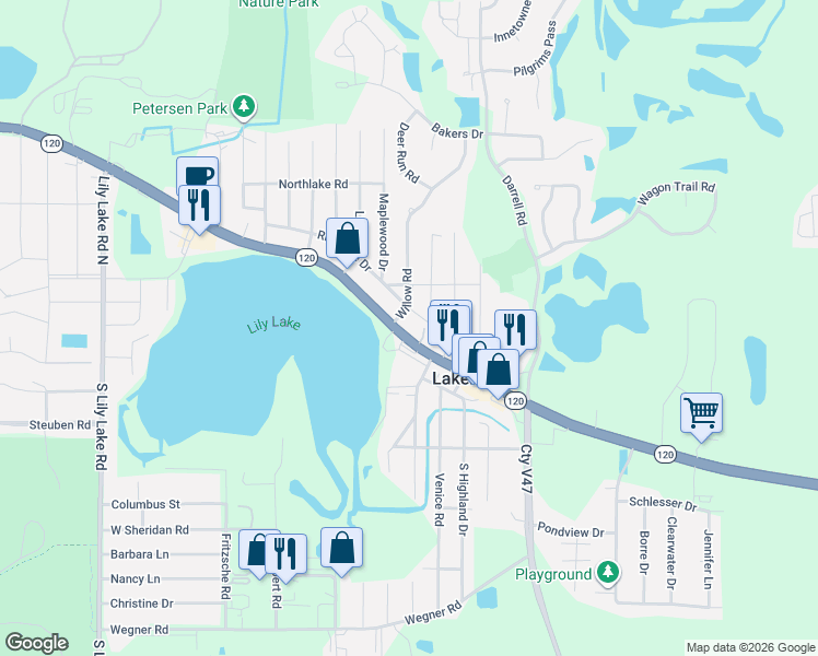 map of restaurants, bars, coffee shops, grocery stores, and more near 234 West Rand Road in Lakemoor