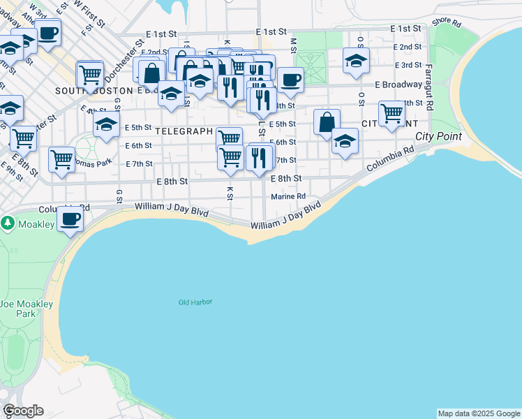 map of restaurants, bars, coffee shops, grocery stores, and more near 249 L Street in Boston