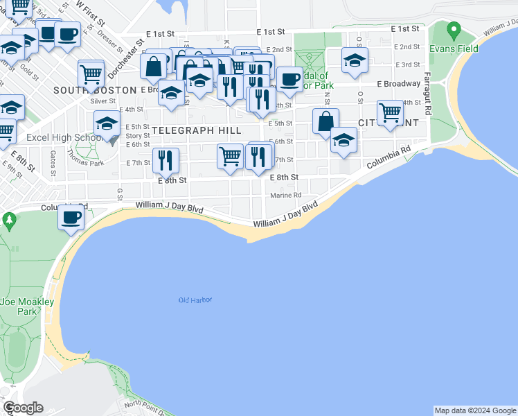 map of restaurants, bars, coffee shops, grocery stores, and more near 249 L Street in Boston