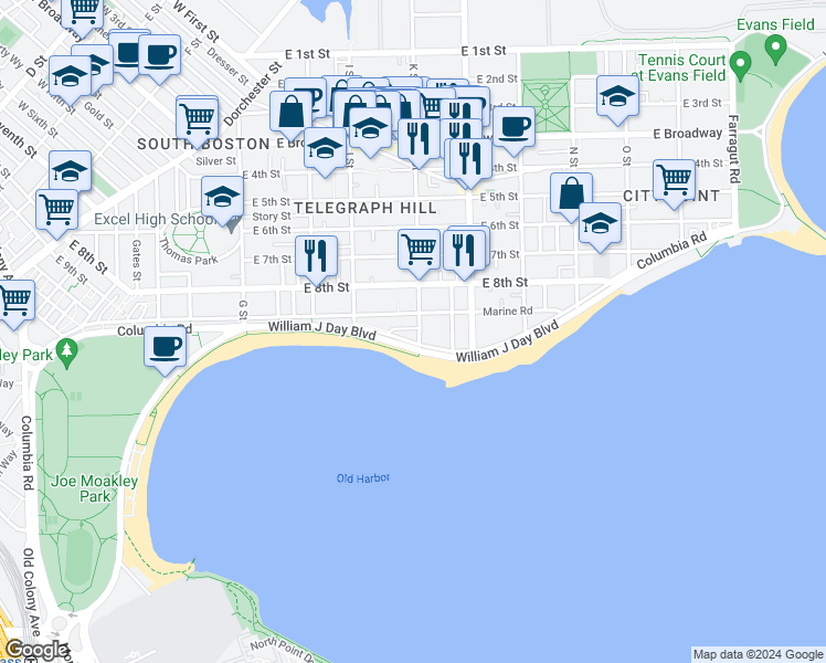 map of restaurants, bars, coffee shops, grocery stores, and more near 406 K Street in Boston