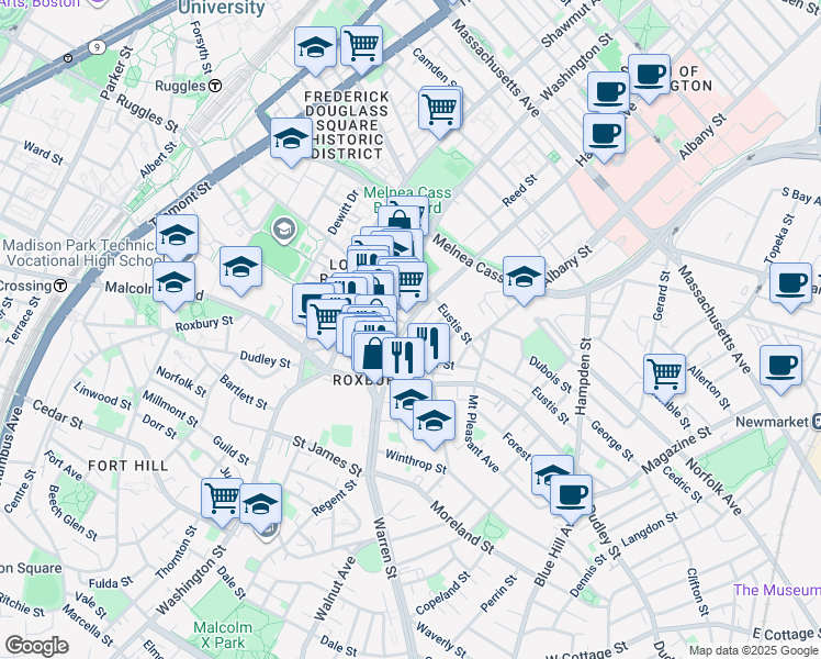 map of restaurants, bars, coffee shops, grocery stores, and more near 1138 Harrison Avenue in Boston