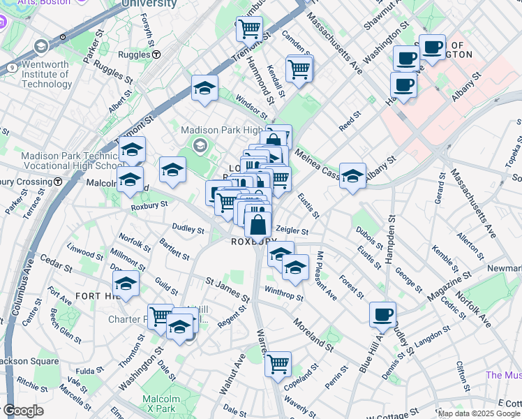 map of restaurants, bars, coffee shops, grocery stores, and more near in Boston