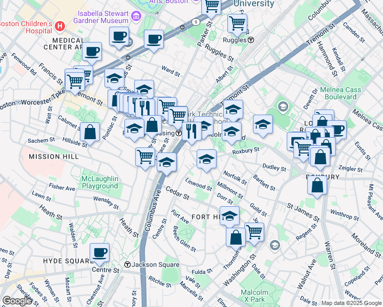 map of restaurants, bars, coffee shops, grocery stores, and more near 270 Roxbury Street in Boston