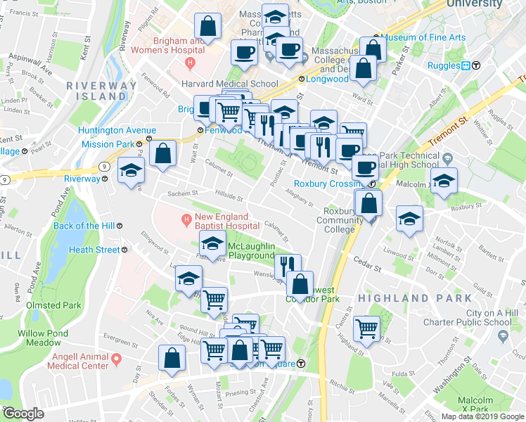 map of restaurants, bars, coffee shops, grocery stores, and more near 60 Hillside Street in Boston