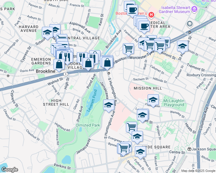 map of restaurants, bars, coffee shops, grocery stores, and more near 70 Jamaicaway in Boston