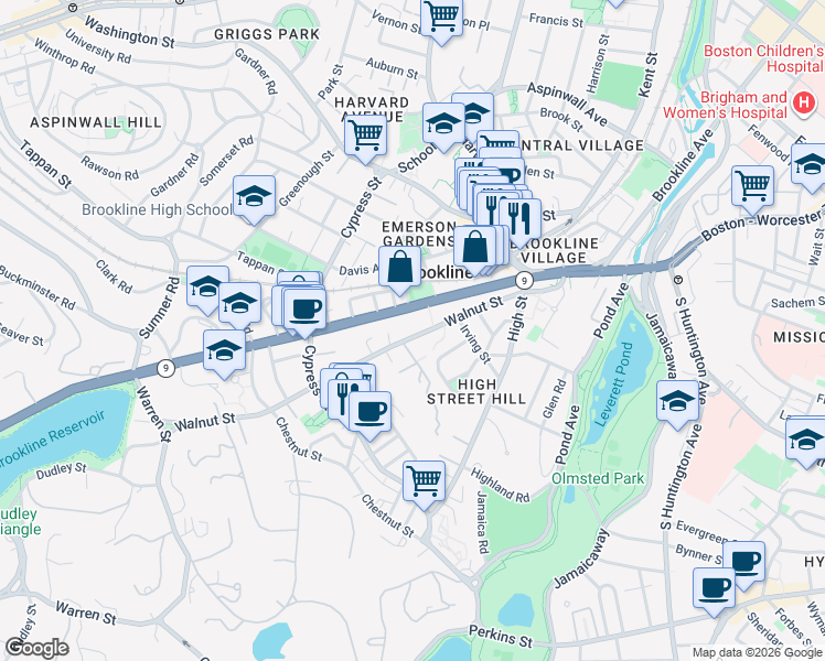 map of restaurants, bars, coffee shops, grocery stores, and more near 205 Walnut Street in Brookline