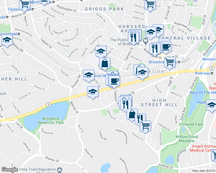 map of restaurants, bars, coffee shops, grocery stores, and more near 375 Massachusetts 9 in Brookline