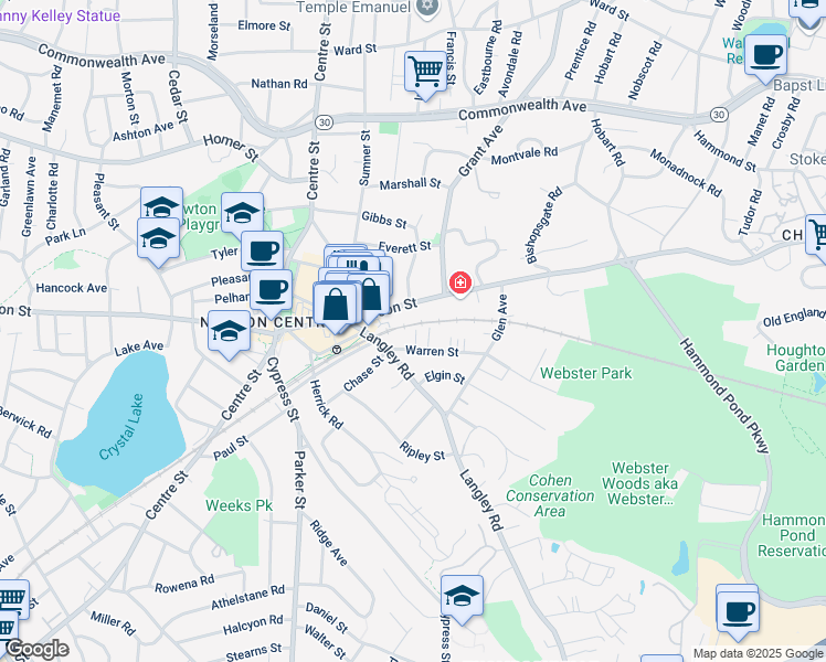 map of restaurants, bars, coffee shops, grocery stores, and more near 175 Warren Street in Newton