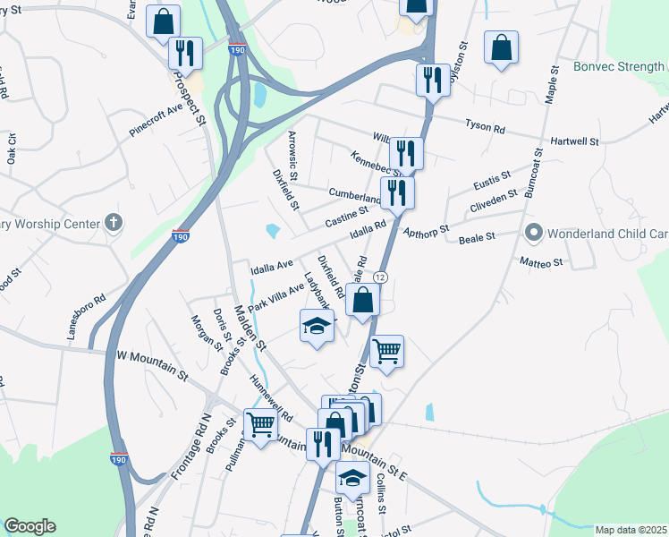 map of restaurants, bars, coffee shops, grocery stores, and more near 7 Waucantuck Road in Worcester