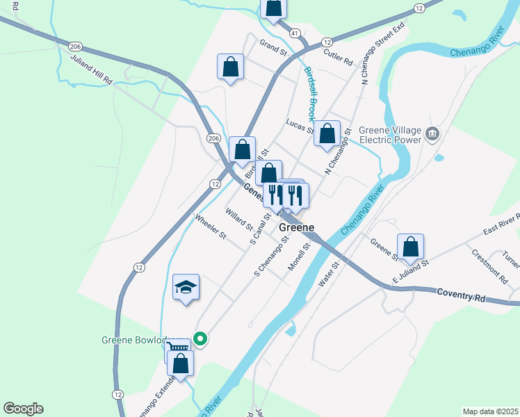 map of restaurants, bars, coffee shops, grocery stores, and more near 61 Genesee Street in Greene