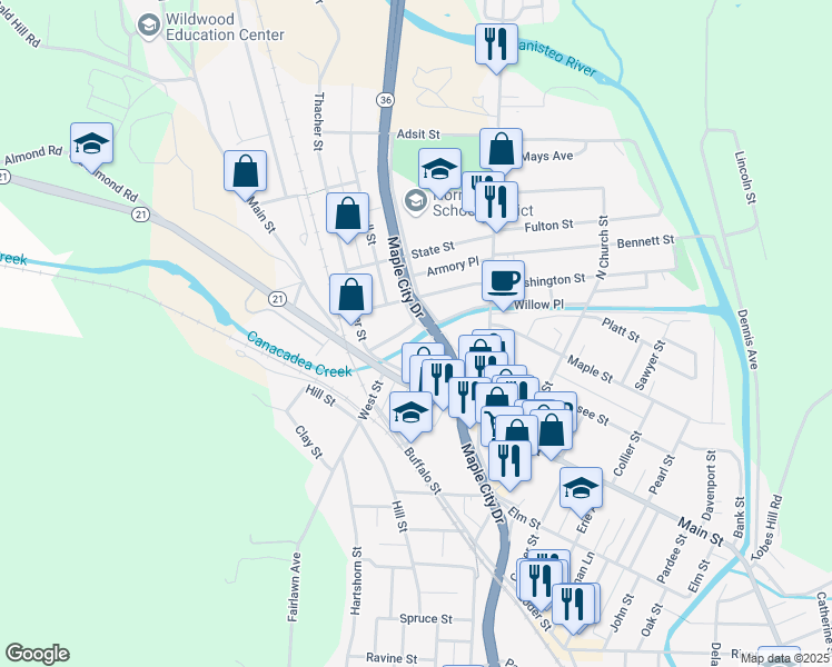 map of restaurants, bars, coffee shops, grocery stores, and more near 39 Ransom St in Hornell