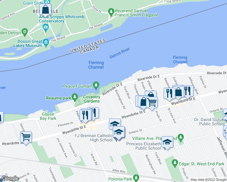 map of restaurants, bars, coffee shops, grocery stores, and more near 221 Buckingham Road in Windsor