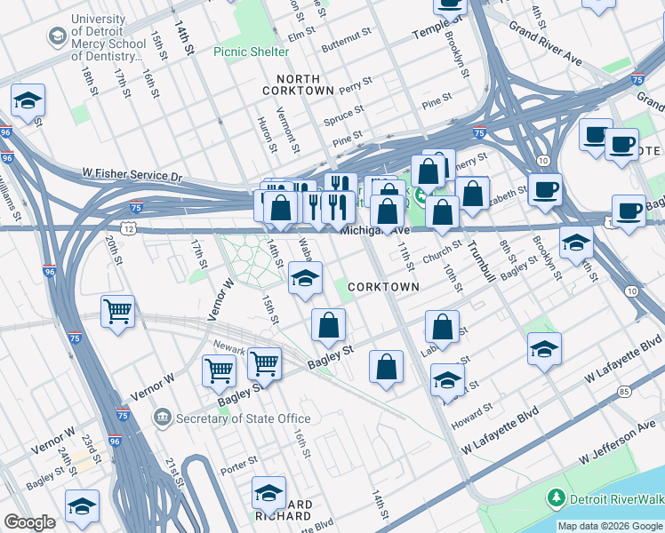 map of restaurants, bars, coffee shops, grocery stores, and more near 2081 Vermont Street in Detroit