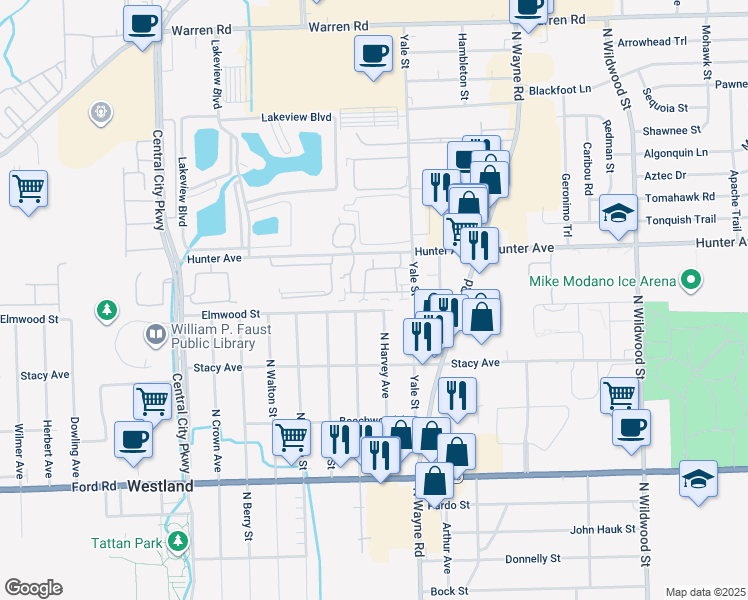map of restaurants, bars, coffee shops, grocery stores, and more near 35529 Pheasant Lane in Westland