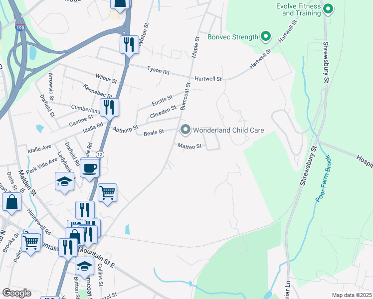 map of restaurants, bars, coffee shops, grocery stores, and more near 6 Matteo Street in Worcester