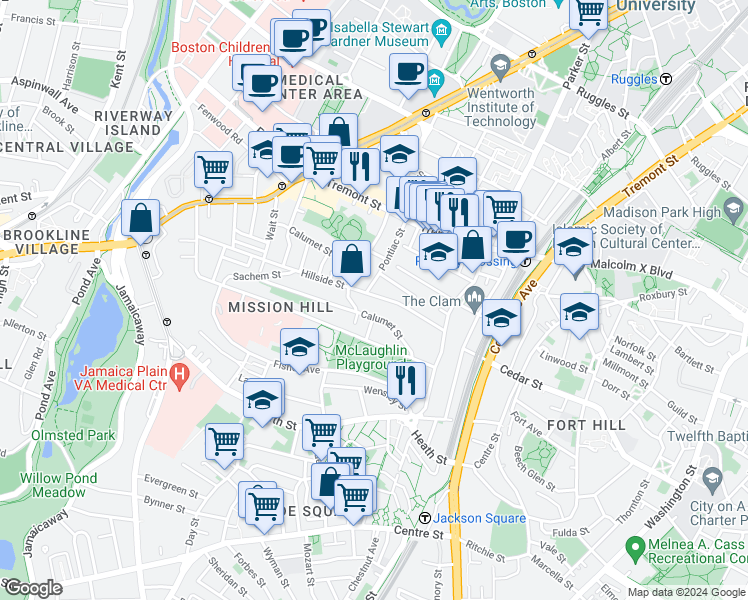 map of restaurants, bars, coffee shops, grocery stores, and more near 64 Hillside Street in Boston