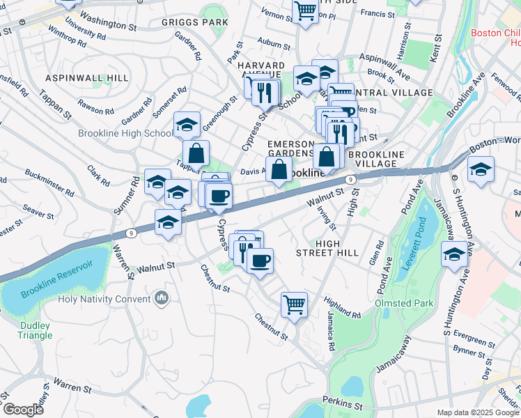 map of restaurants, bars, coffee shops, grocery stores, and more near 270 Boylston Street in Brookline