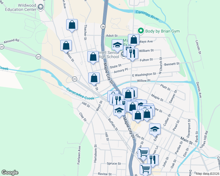 map of restaurants, bars, coffee shops, grocery stores, and more near 39 Ransom Street in Hornell