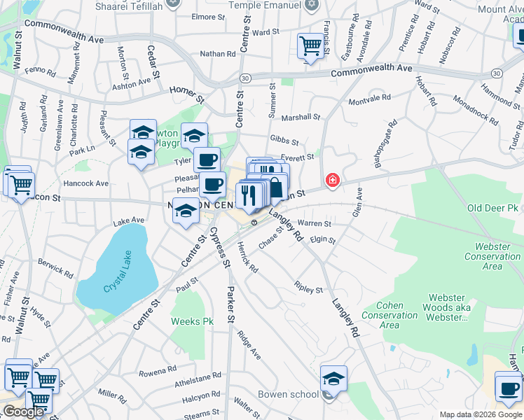 map of restaurants, bars, coffee shops, grocery stores, and more near 755 Beacon Street in Newton