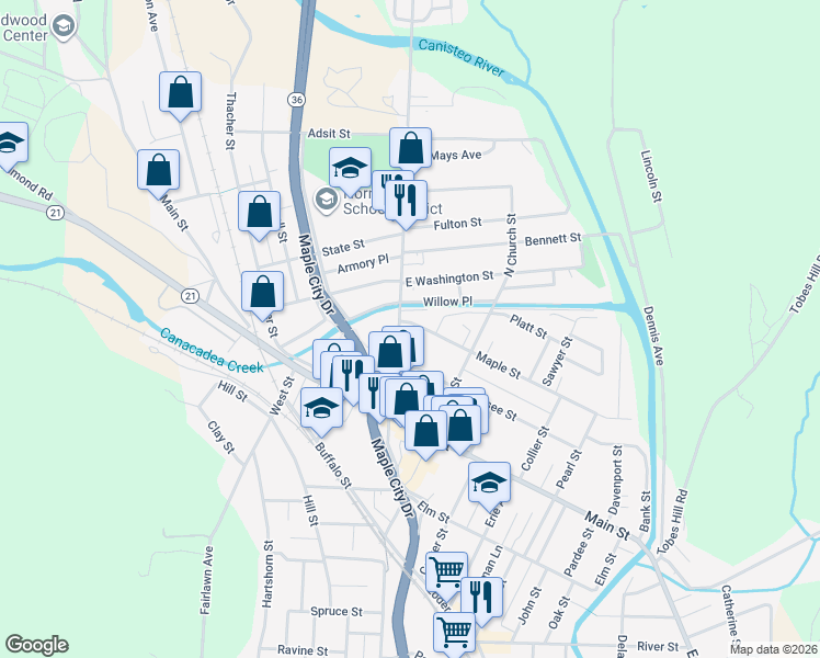 map of restaurants, bars, coffee shops, grocery stores, and more near 77-79 Seneca Street in Hornell