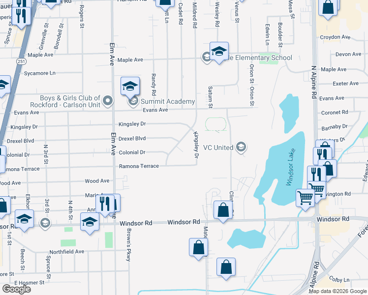 map of restaurants, bars, coffee shops, grocery stores, and more near 3508 Mildred Court in Machesney Park