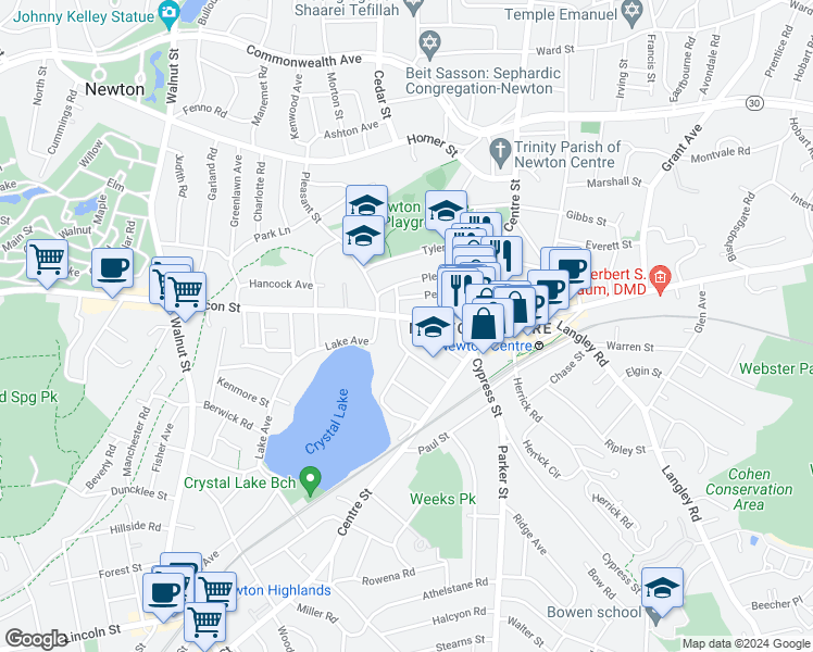 map of restaurants, bars, coffee shops, grocery stores, and more near 888 Beacon Street in Newton