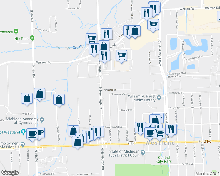 map of restaurants, bars, coffee shops, grocery stores, and more near 37282 Amhurst Drive in Westland