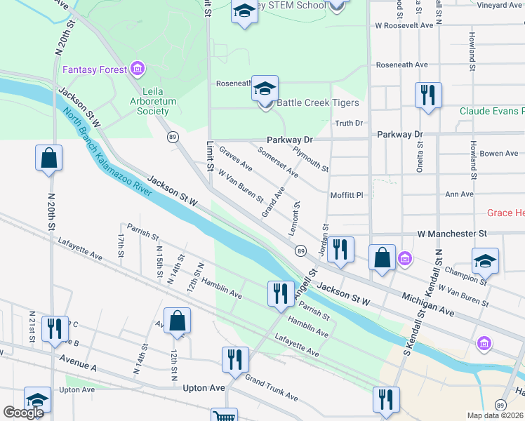 map of restaurants, bars, coffee shops, grocery stores, and more near 679 West Van Buren Street in Battle Creek