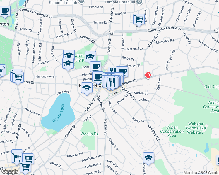 map of restaurants, bars, coffee shops, grocery stores, and more near 792 Beacon Street in Newton