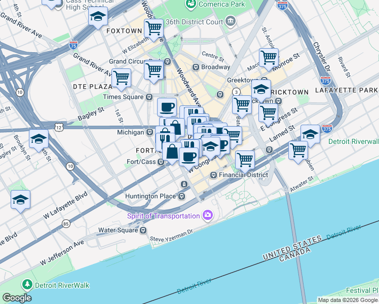 map of restaurants, bars, coffee shops, grocery stores, and more near W Fort St & Shelby St in Detroit