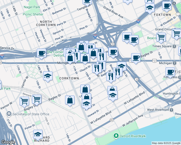 map of restaurants, bars, coffee shops, grocery stores, and more near 1536 Leverette Street in Detroit