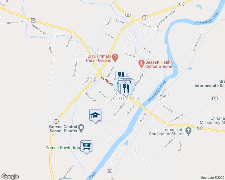 map of restaurants, bars, coffee shops, grocery stores, and more near 61 Genesee Street in Greene
