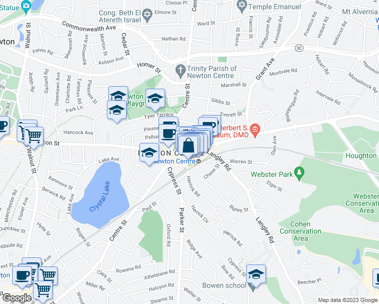 map of restaurants, bars, coffee shops, grocery stores, and more near 792 Beacon Street in Newton