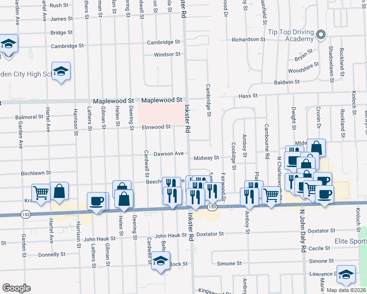 map of restaurants, bars, coffee shops, grocery stores, and more near 6022 Inkster Road in Dearborn Heights