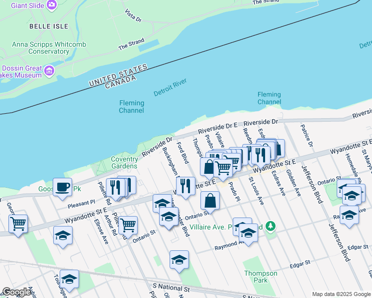 map of restaurants, bars, coffee shops, grocery stores, and more near 224 Ford Boulevard in Windsor